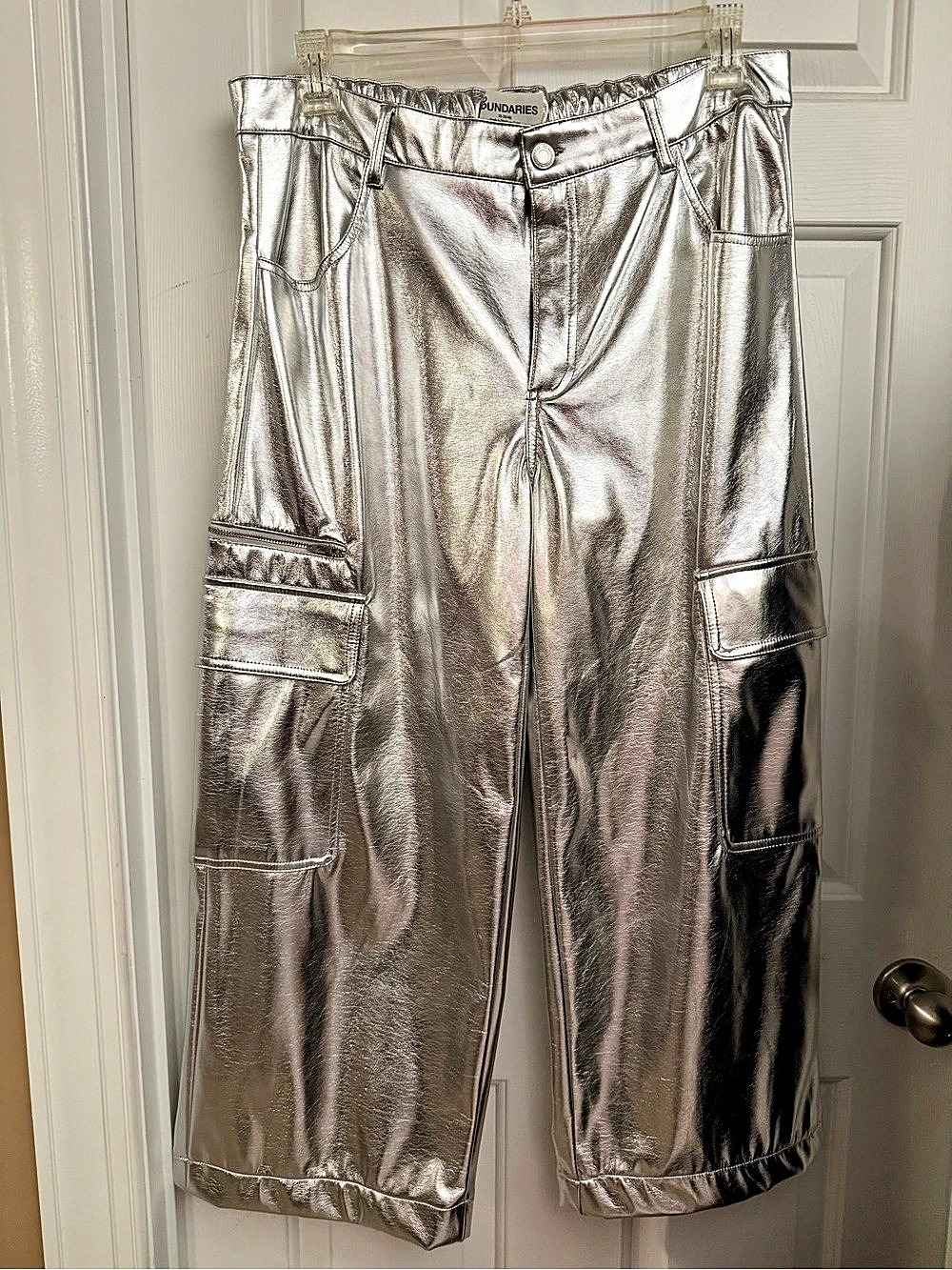 No Boundaries High-Rise Metallic Cargo Pants Silver